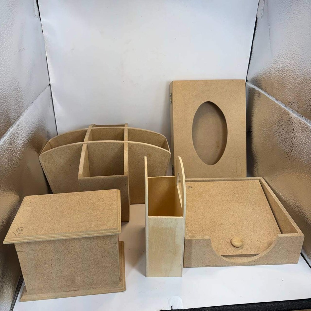 5 Piece Unfinished MDF Wood Desk Organizer Set DIY Craft Storage Boxes Caddy